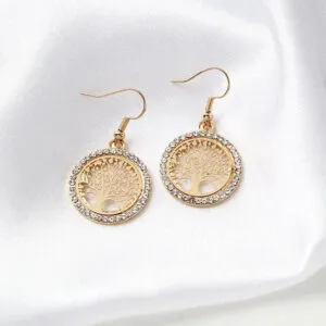Boucles D’oreilles Dorées avec Arbre de Vie en Alliage de Zinc