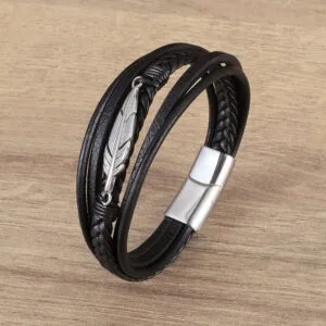 Bracelet en Cuir avec Boucle Plume pour Hommes Qualité Supérieure
