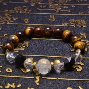 Bracelet œil de Tigre avec Cristal Gravé en Cuir élégant