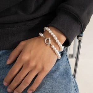 Bracelet Perles Homme Blanches éléganct en Acier Inoxydable 23 Cm